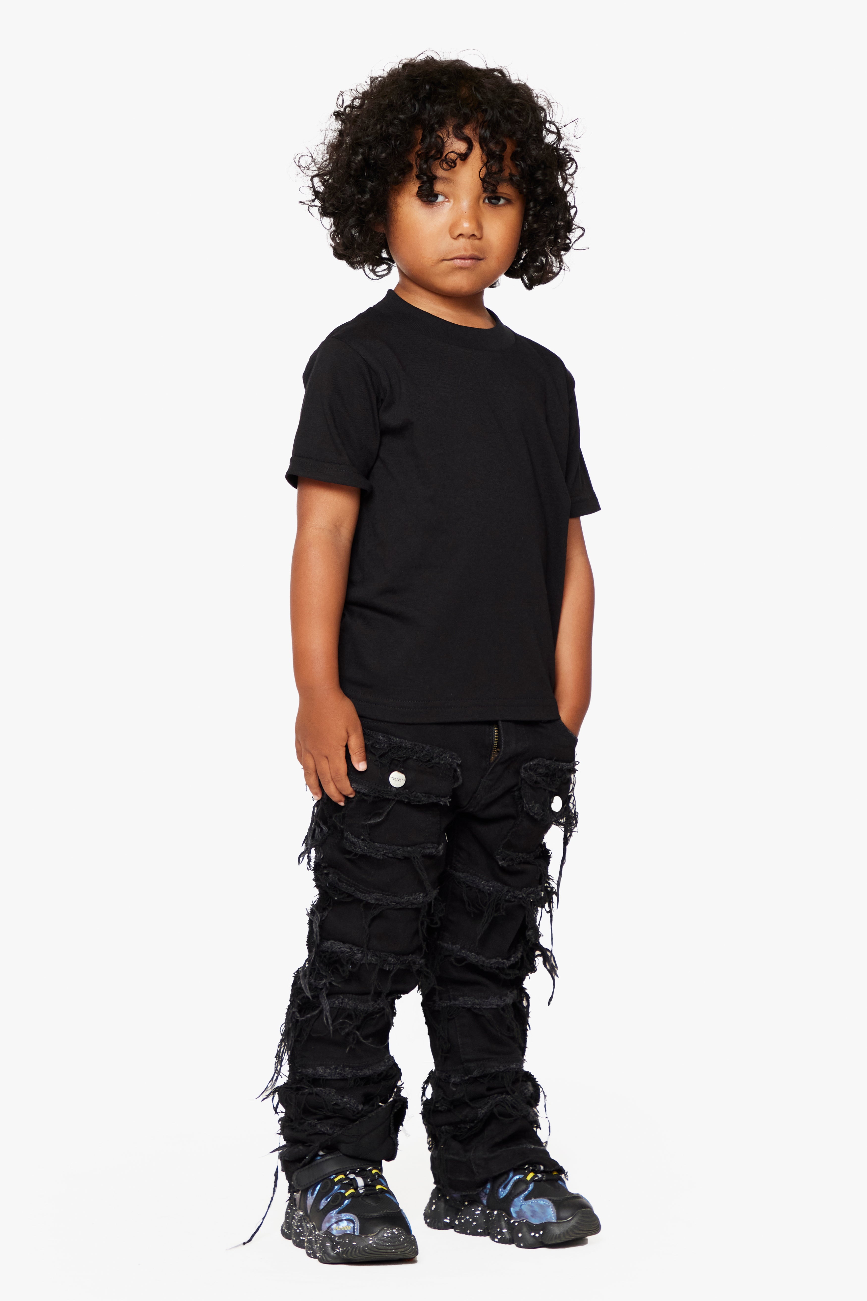 PHOENIX 2.0” KIDS STACKED FLARE BLACK WASH – Valabasas Denim