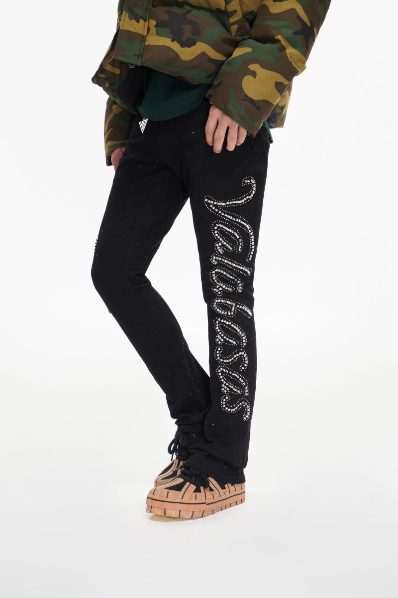 Lattice Black Stacked Flare Jean – Valabasas