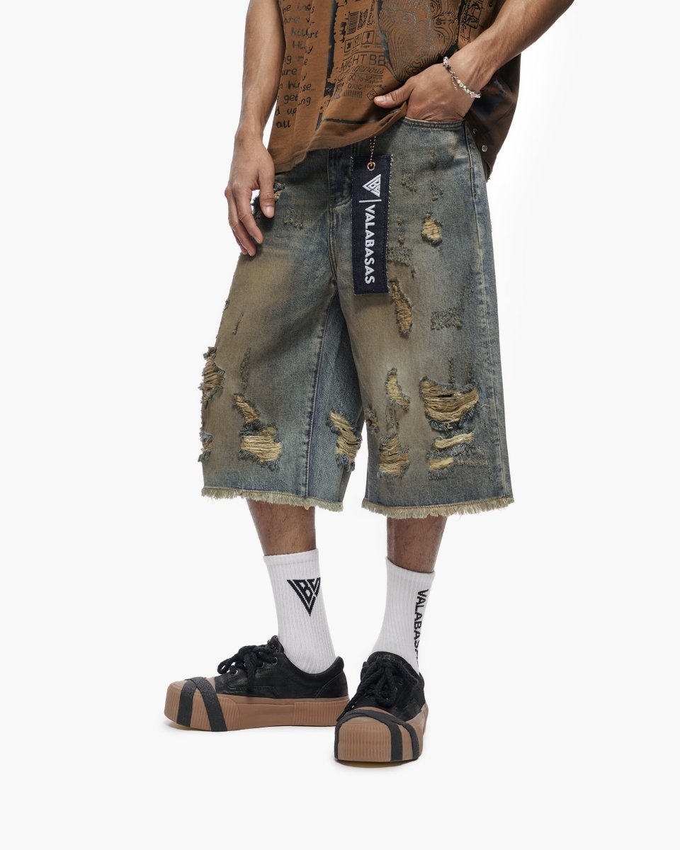 パンツ troubled waters WAXED & DAMAGED JORTS Snapped Dirty Vintage Blue Jorts – Valabasas