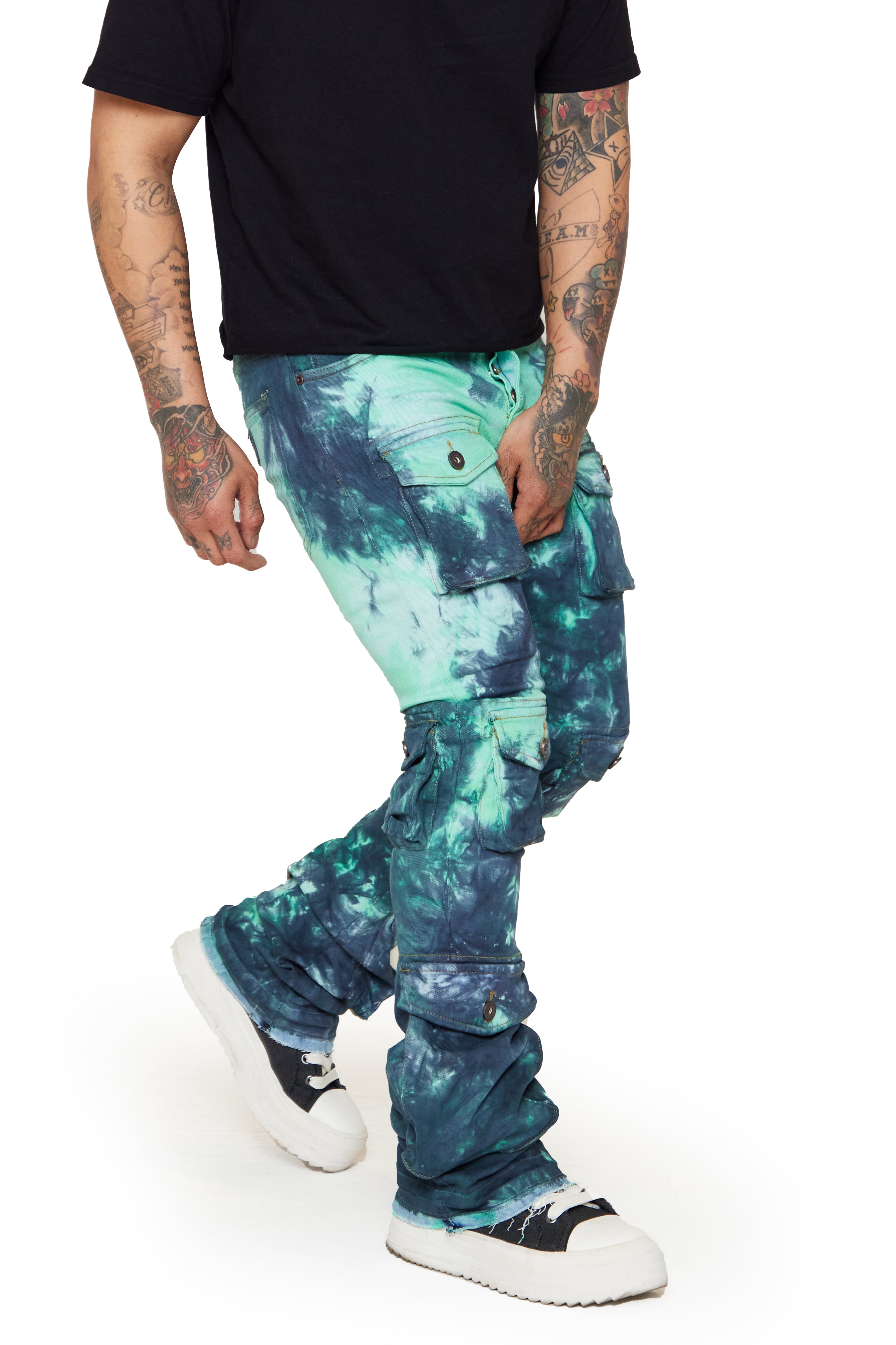 COSMIC VAPOR” WHITE-BLACK/TEAL-NAVY STACKED FLARE JEAN – Valabasas Denim