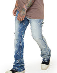 “V-SCRABBLE” BLUE WASHED STACKED FLARE JEAN