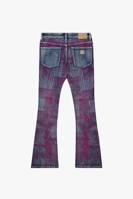"MR. EMBROIDERY" COTTON CANDY BLUE STACKED FLARE JEAN