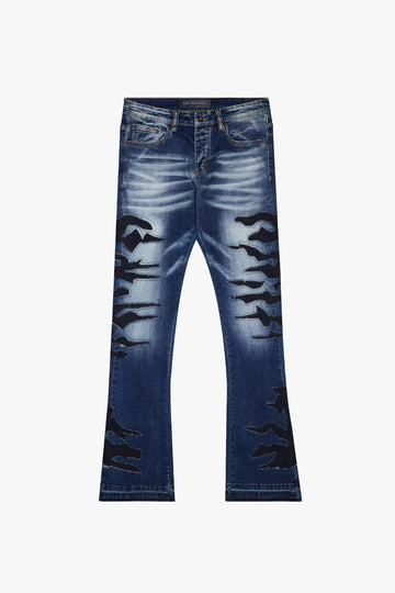 "ABYSS" BLACK X BLUE WASH STACKED FLARE DENIM