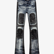 "DUAL SOLDIER" BLUE BLACK WASH STACKED FLARE JEAN