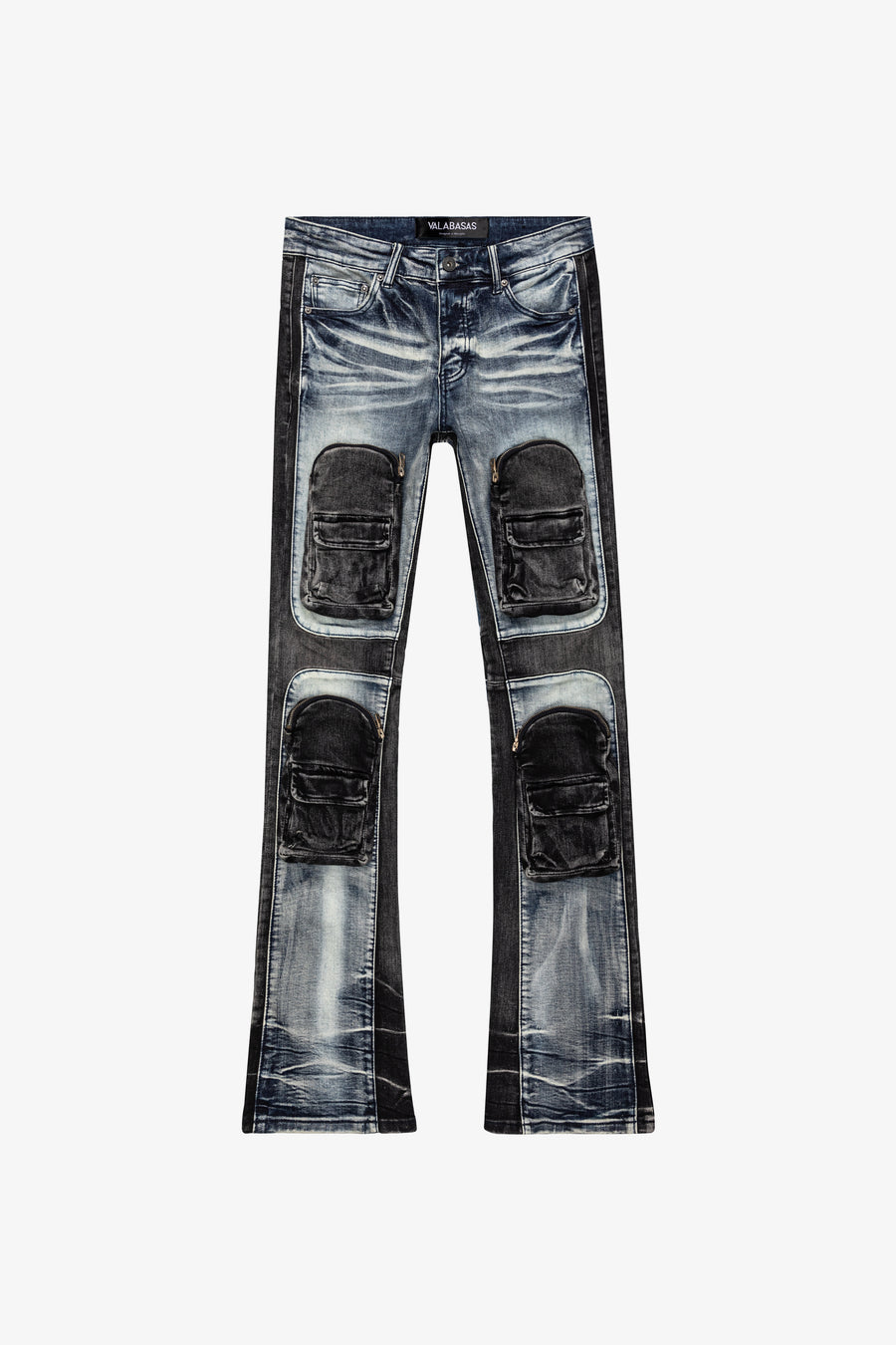 "DUAL SOLDIER" BLUE BLACK WASH STACKED FLARE JEAN