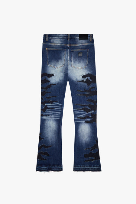 "ABYSS" BLACK X BLUE WASH STACKED FLARE DENIM