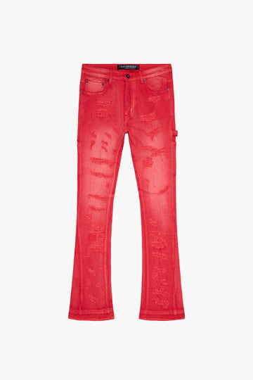 "ZERO" LIGHT RED WASH STACKED FLARE DENIM