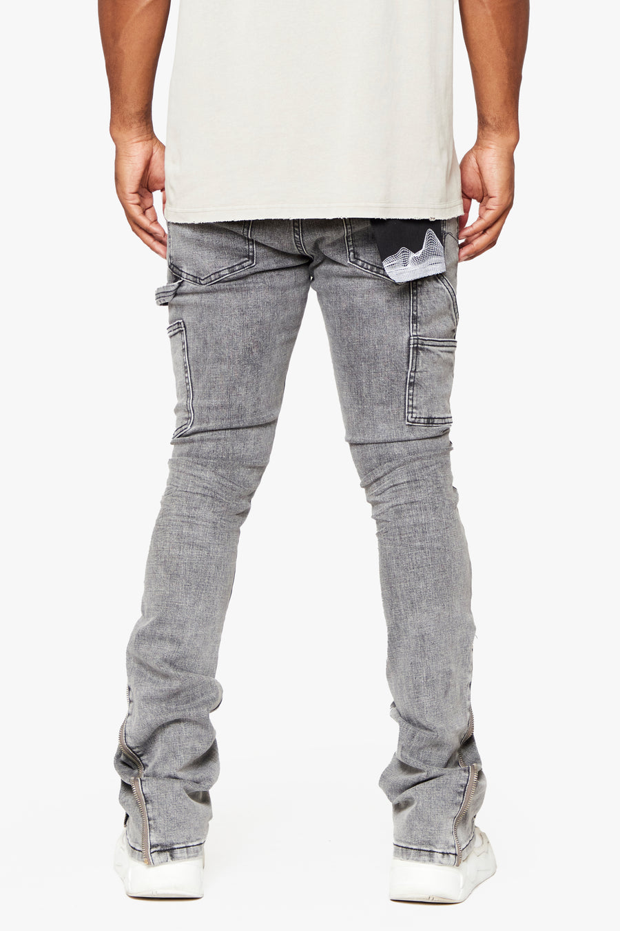 "STREAMLINE" GREY WASHED STACKED FLARE JEAN