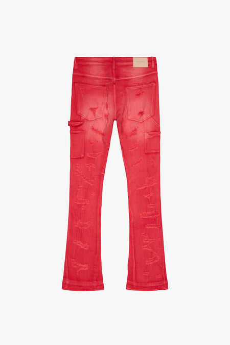 "ZERO" LIGHT RED WASH STACKED FLARE DENIM