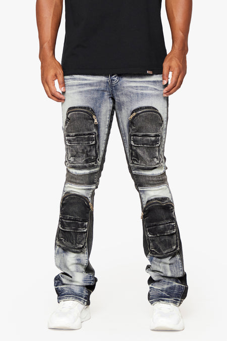 "DUAL SOLDIER" BLUE BLACK WASH STACKED FLARE JEAN