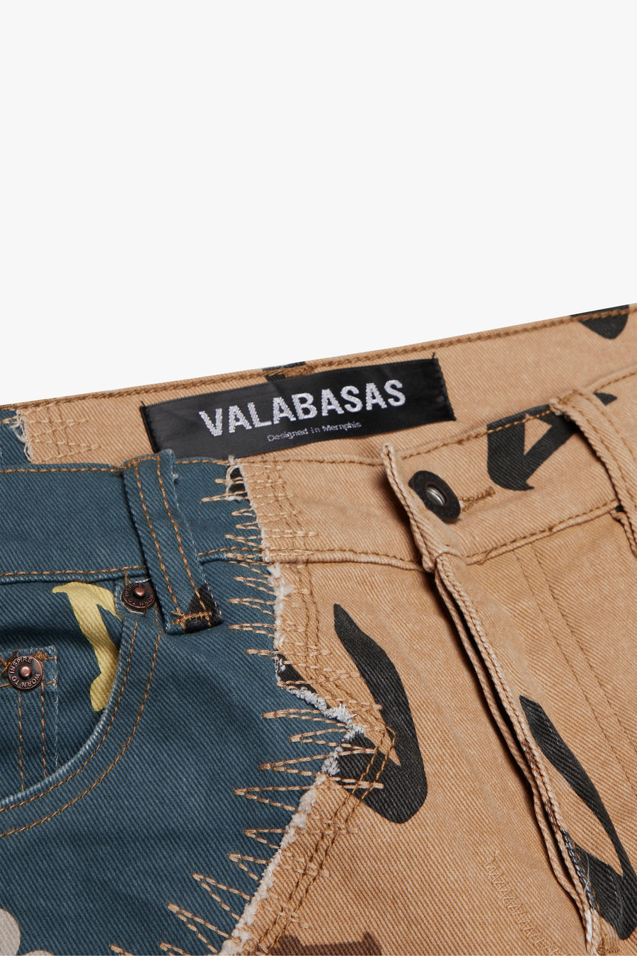 "DISTRACTED" BLUE-KHAKI STACKED FLARE JEAN