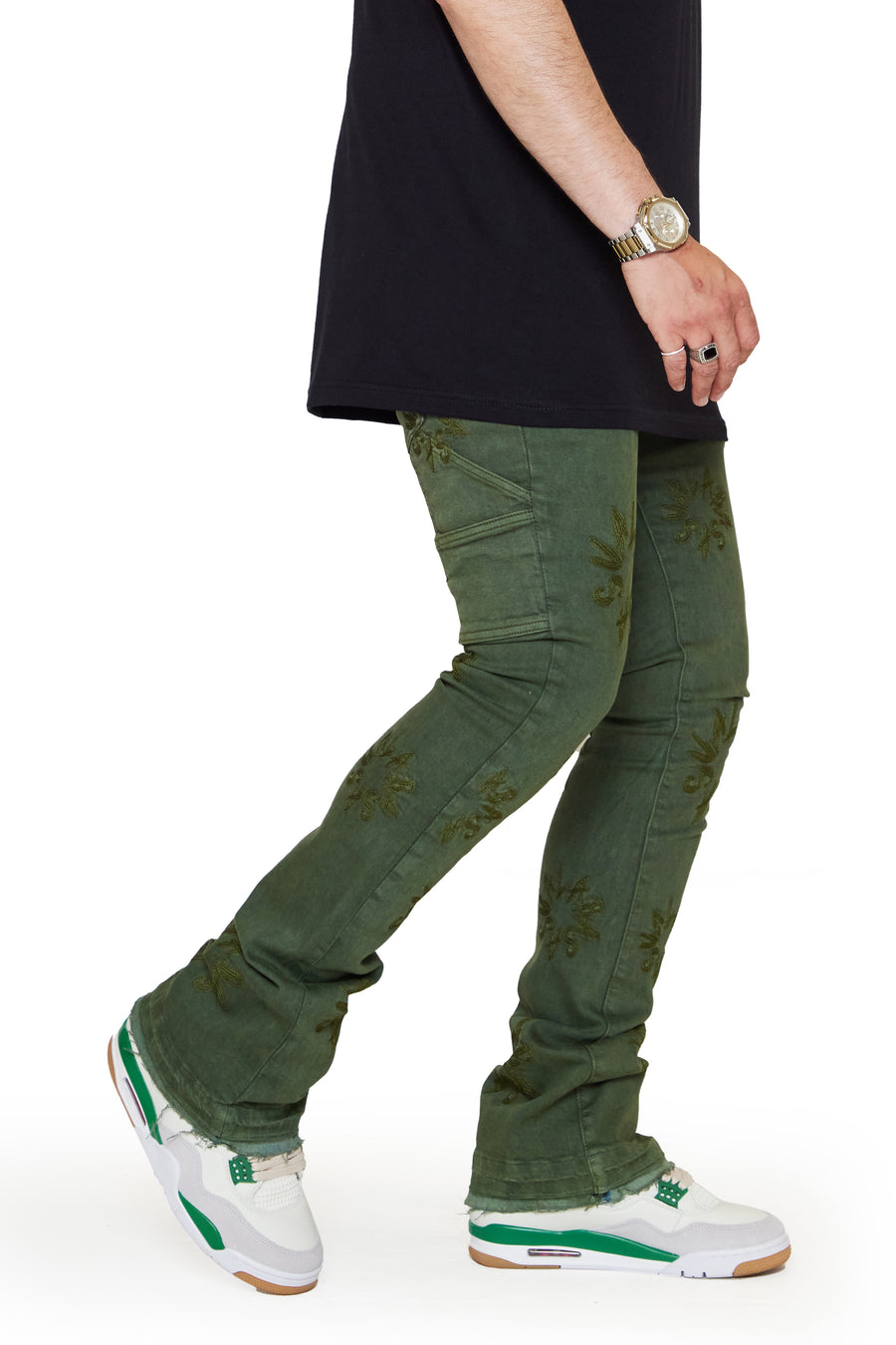 “ART” OLIVE WASHED STACKED FLARE JEAN