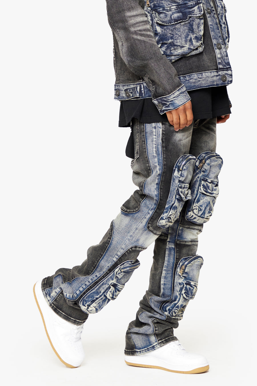 "DUAL SOLDIER" BLACK BLUE STACKED FLARE JEAN