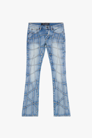 “STREAK” LIGHT BLUE WASH STACKED FLARE DENIM