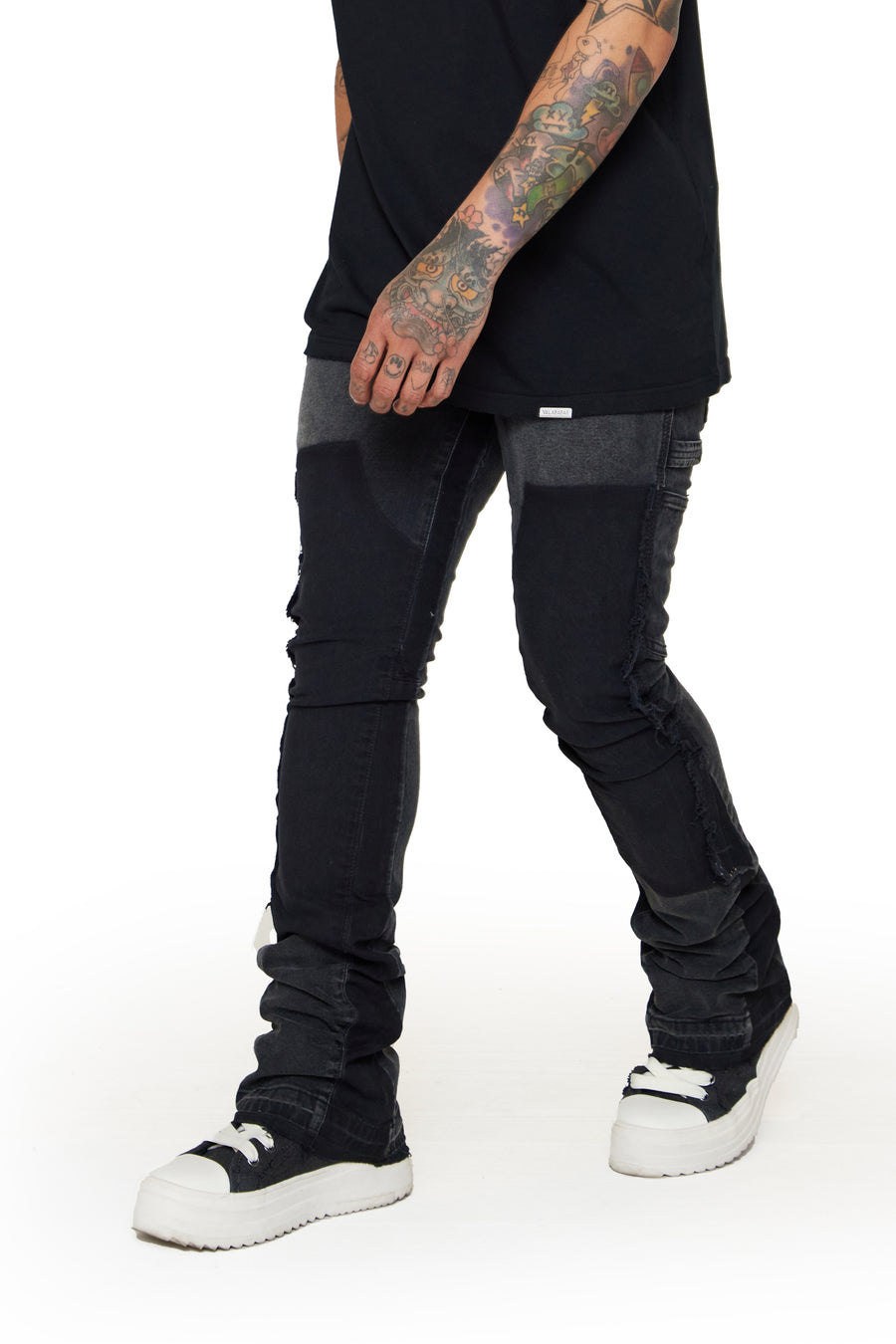 ‚ÄúALPHA" BLACK WASHED STACKED FLARE JEAN