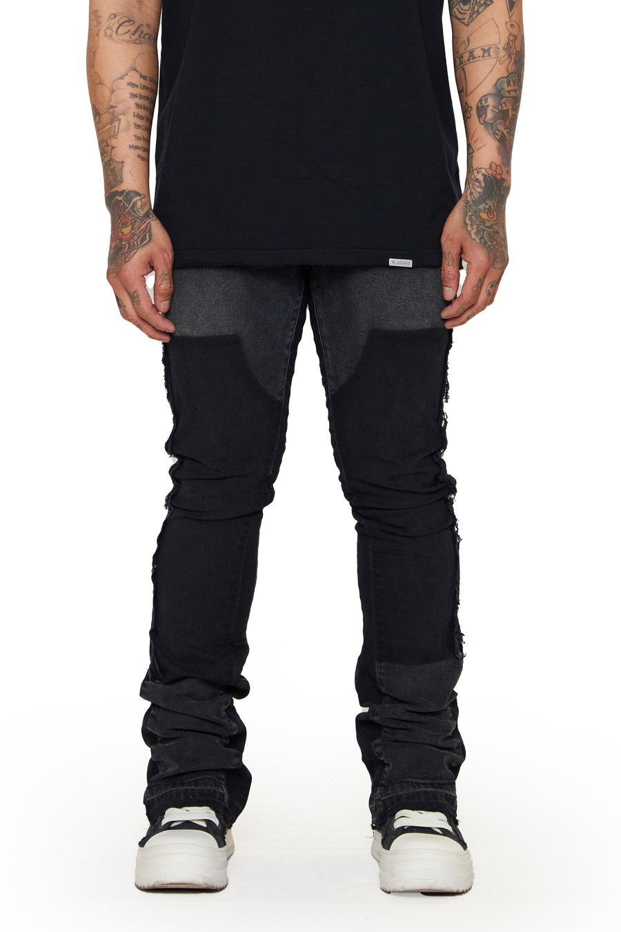 ‚ÄúALPHA" BLACK WASHED STACKED FLARE JEAN