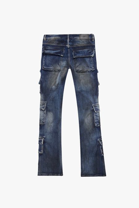 "PINNACLE” BLUE DIRTY WASH STACKED FLARE JEAN