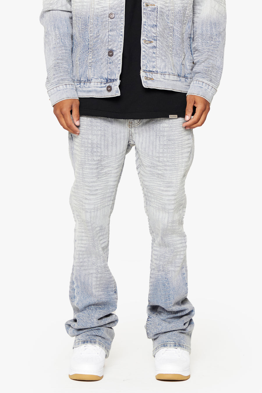 "MR. EMBROIDERY" ICY AZURE STACKED FLARE JEAN