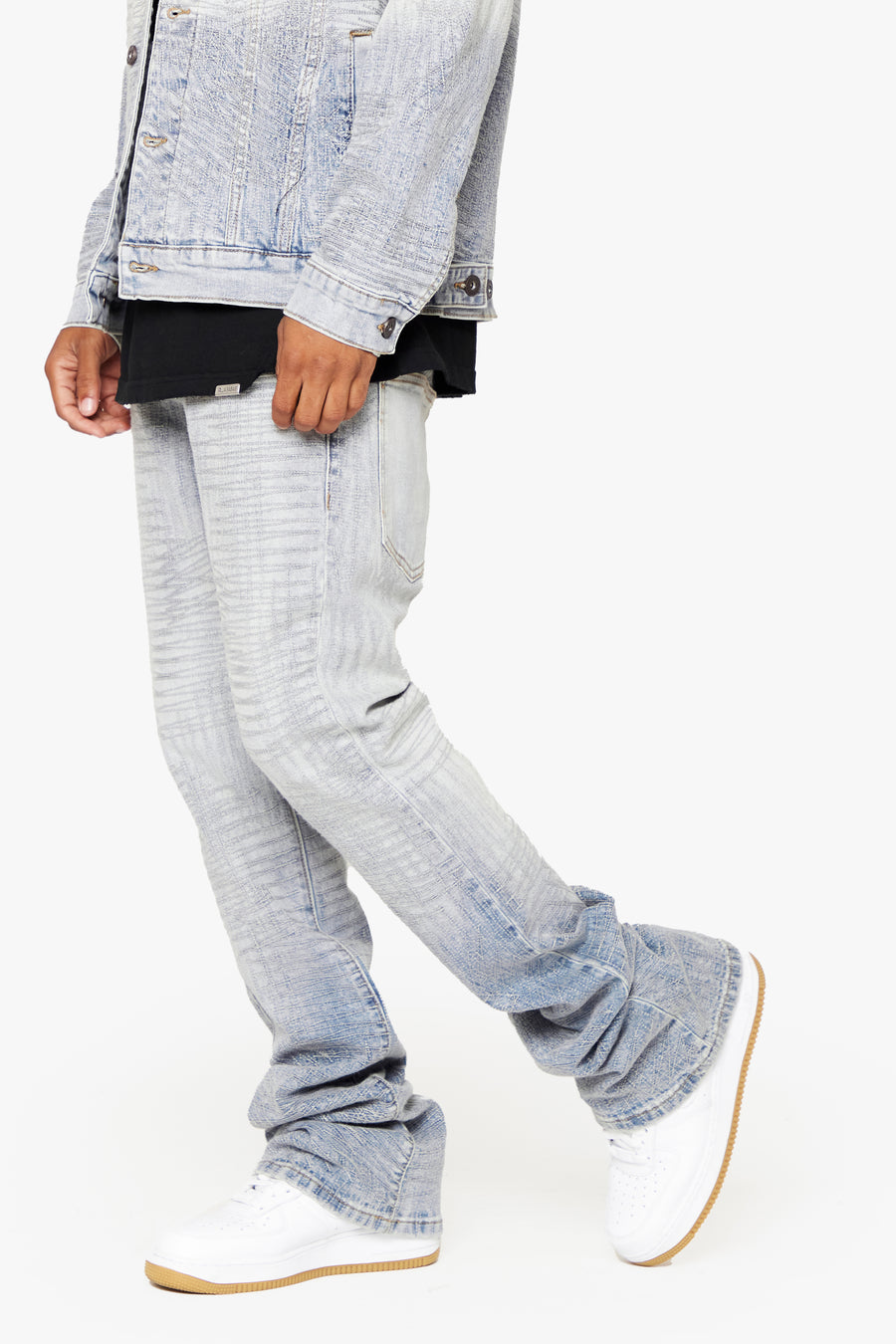 "MR. EMBROIDERY" ICY AZURE STACKED FLARE JEAN