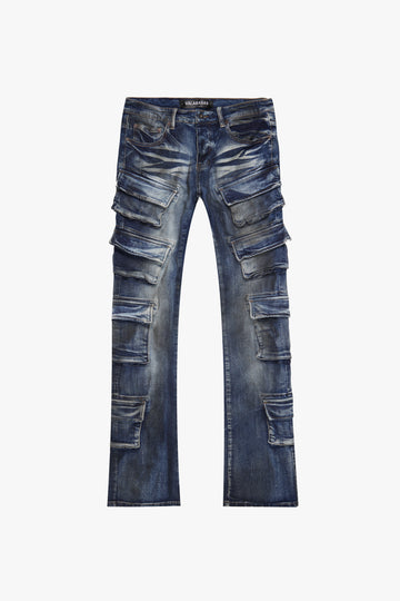 "PINNACLE” BLUE DIRTY WASH STACKED FLARE JEAN