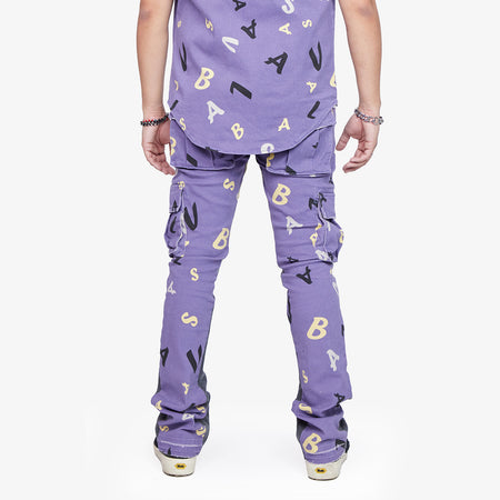 “PUZZLED” PURPLE V CAMO STACKED FLARE JEAN