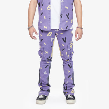 “PUZZLED” PURPLE V CAMO STACKED FLARE JEAN