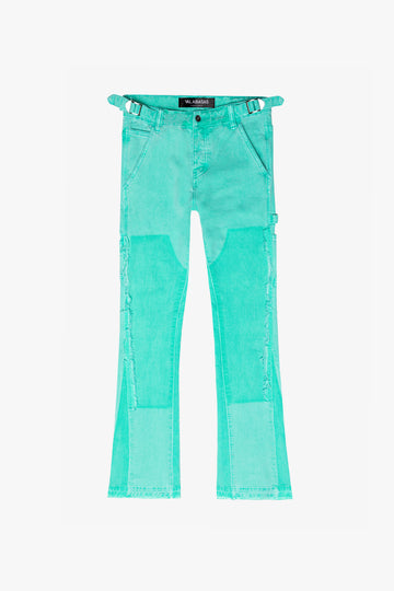 “REVIVAL" LT. GREEN WASH STACKED FLARE JEAN