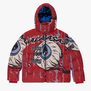 "IQ" RED TAPESTRY PUFFER JACKET