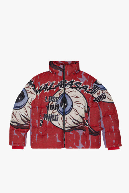 "IQ" RED TAPESTRY PUFFER JACKET
