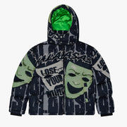 "UNSPUN REALITIES" BLACK TAPESTRY PUFFER JACKET