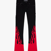 "FLARE FLAME" BLACK RED STACKED FLARE JEAN