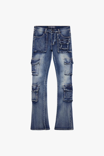 "EXPANSE” BLUE WASH STACKED FLARE JEAN