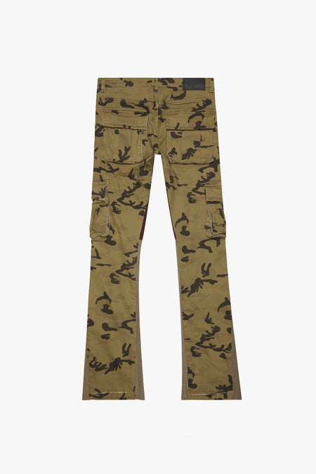 "COMMANDER" GREEN BROWN CAMO STACKED FLARE JEAN