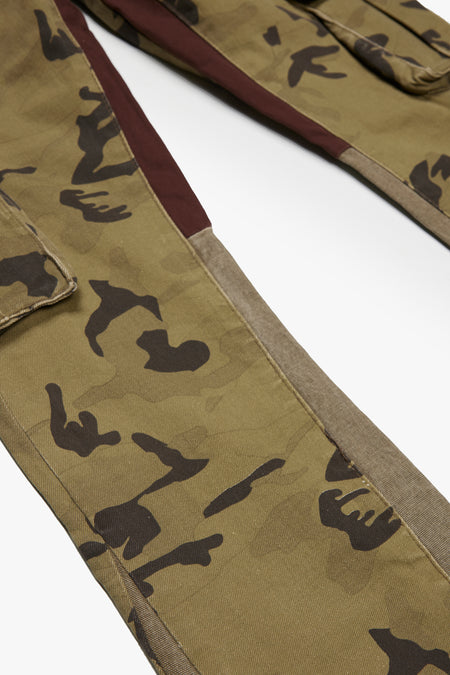 "COMMANDER" GREEN BROWN CAMO STACKED FLARE JEAN