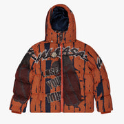 "THREADED THOUGHTS" ORANGE-RED TAPESTRY PUFFER JACKET