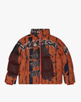 "THREADED THOUGHTS" ORANGE-RED TAPESTRY PUFFER JACKET