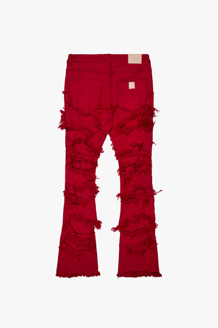 "RAVEL" RED STACKED FLARE JEAN