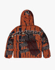 "THREADED THOUGHTS" ORANGE-RED TAPESTRY PUFFER JACKET