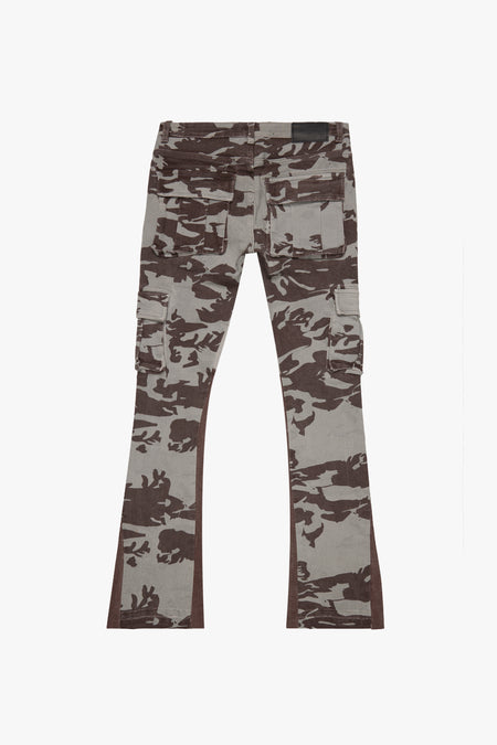 "COURAGE" GREY CAMO STACKED FLARE JEAN