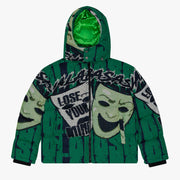 "UNSPUN REALITIES" GREEN TAPESTRY PUFFER JACKET