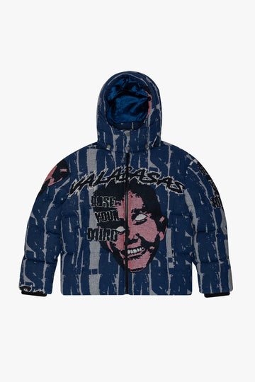 "WARMTH OF WONDER" BLUE TAPESTRY PUFFER JACKET