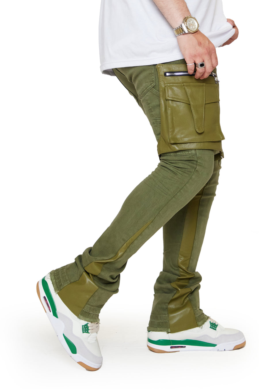 "DAPPER” OLIVE WASHED STACKED FLARE JEAN