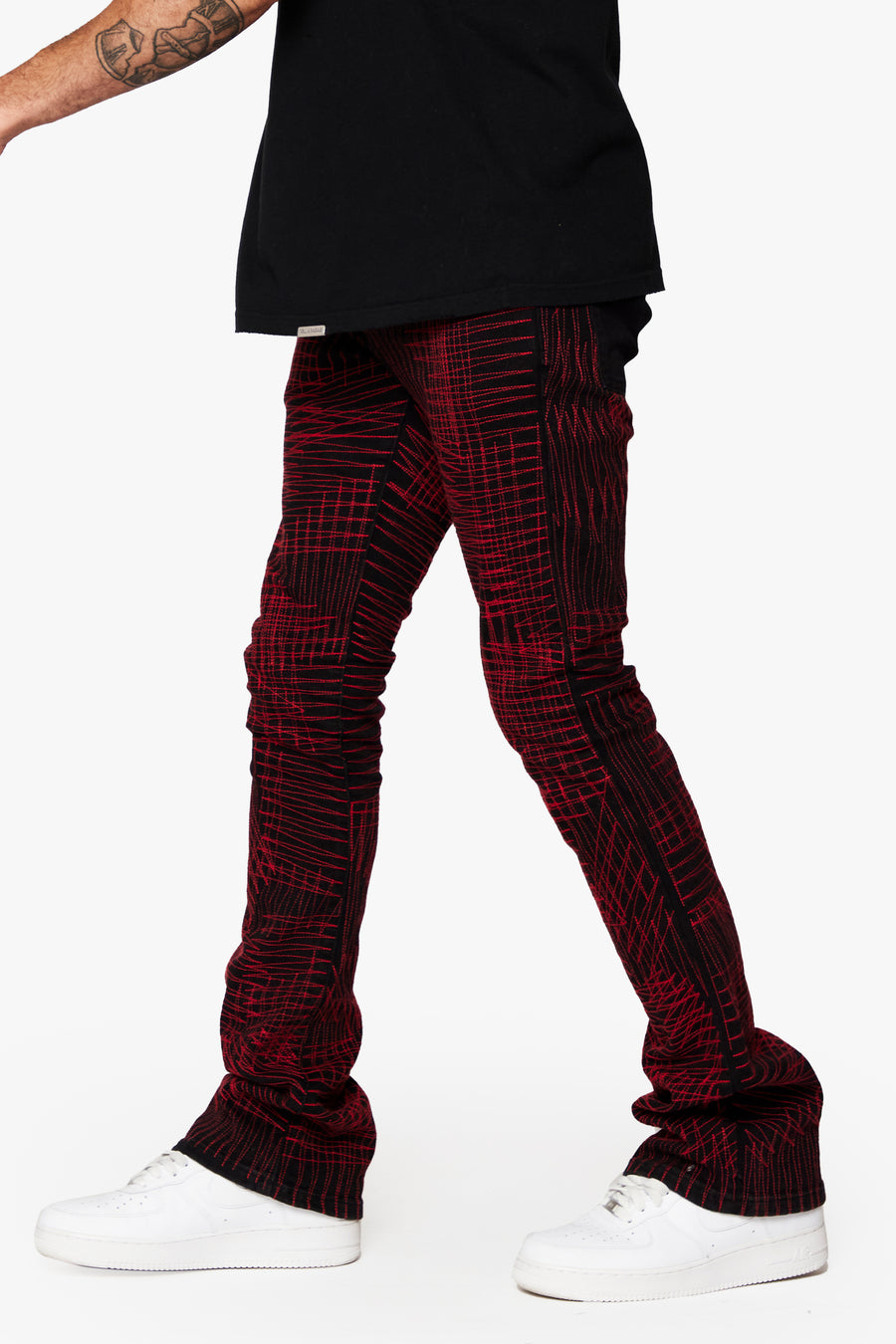 "MR. EMBROIDERY" CRIMSON NOIR STACKED FLARE JEAN