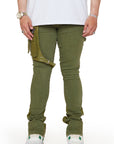 "DAPPER” OLIVE WASHED STACKED FLARE JEAN