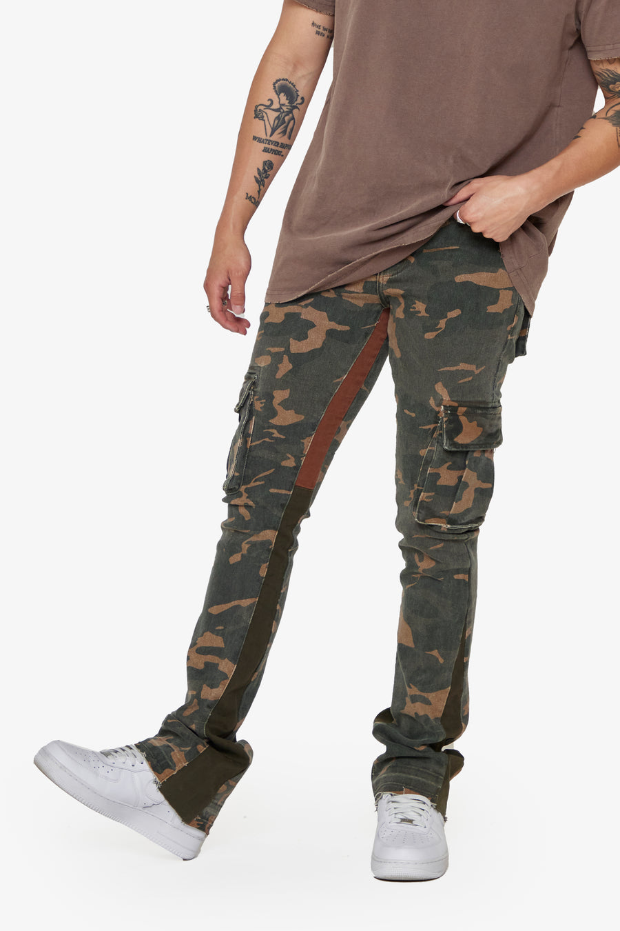 "COURAGE" OLIVE CAMO STACKED FLARE JEAN