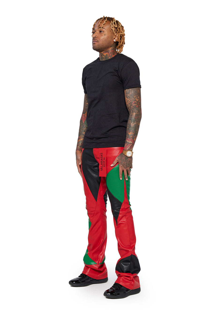 "ARTISAN" RED BLACK GREEN STACKED FLARE JEAN