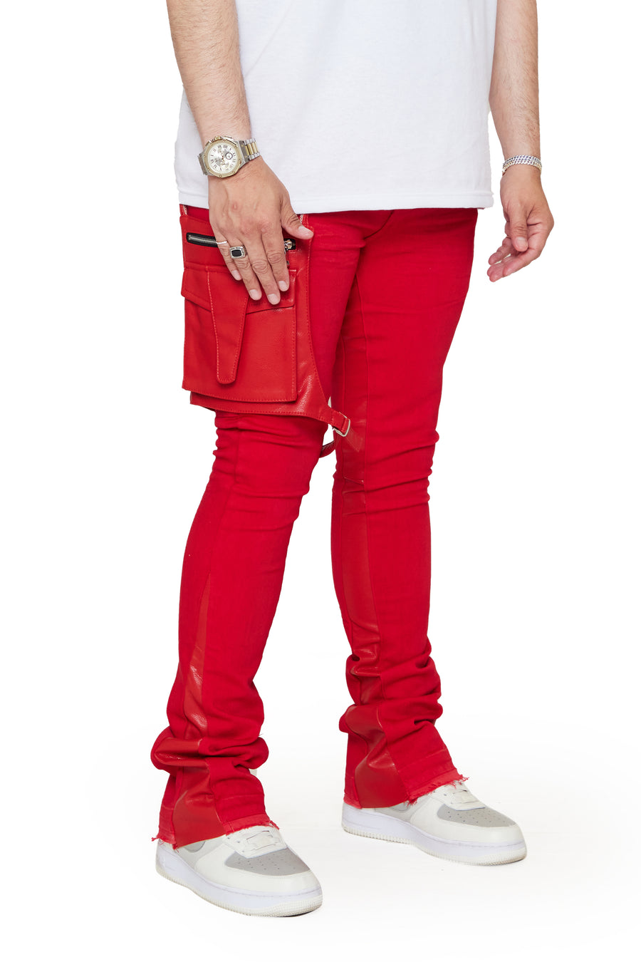 “DAPPER” RED WASHED STACKED FLARE JEAN