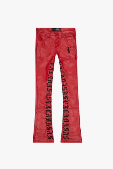 "SUPERIOR WORLD" RED LEATHER STACKED FLARE JEAN