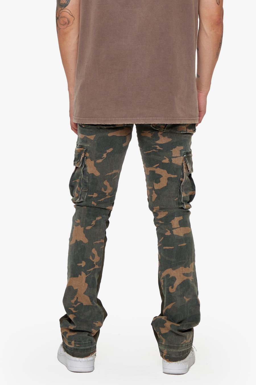 "COURAGE" OLIVE CAMO STACKED FLARE JEAN