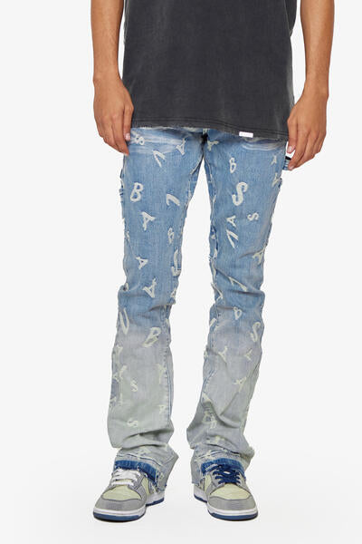 “GRIDLOCK” BLUE WASH STACKED FLARE JEAN